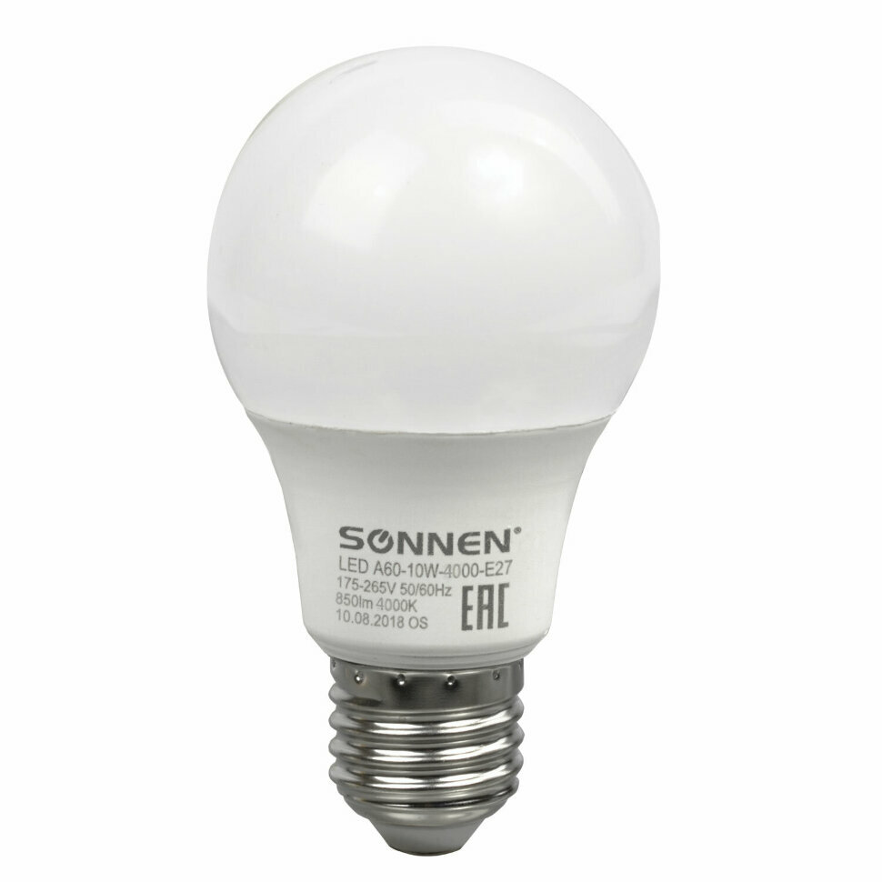 Лампа светодиодная SONNEN, 10 (85) Вт, цоколь Е27, груша, нейтральный белый свет, 30000 ч, LED A60-10W-4000-E27, 453696, 453696 - фотография № 2
