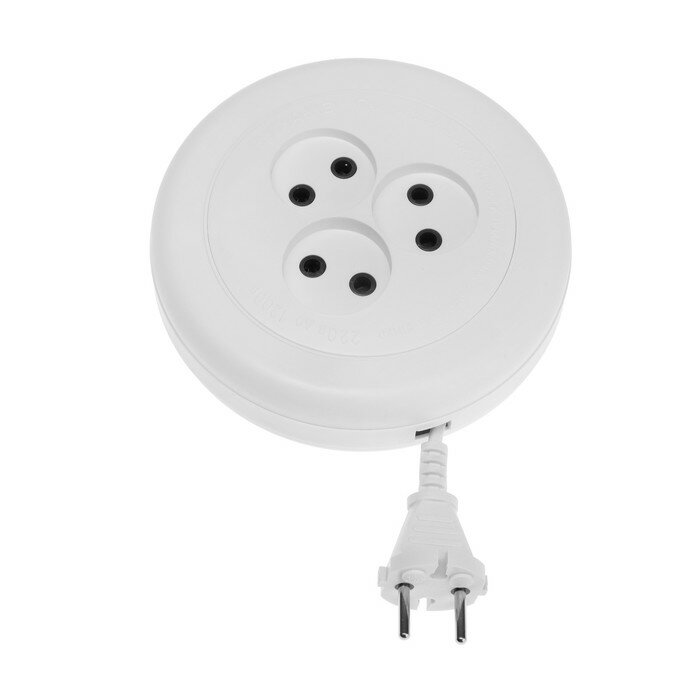 фото Удлинитель-рулетка Uniel, 3 розетки, 5 м, 6 А, 1300 Вт, ШВВП 2х0.75 мм2, без з/к, белый