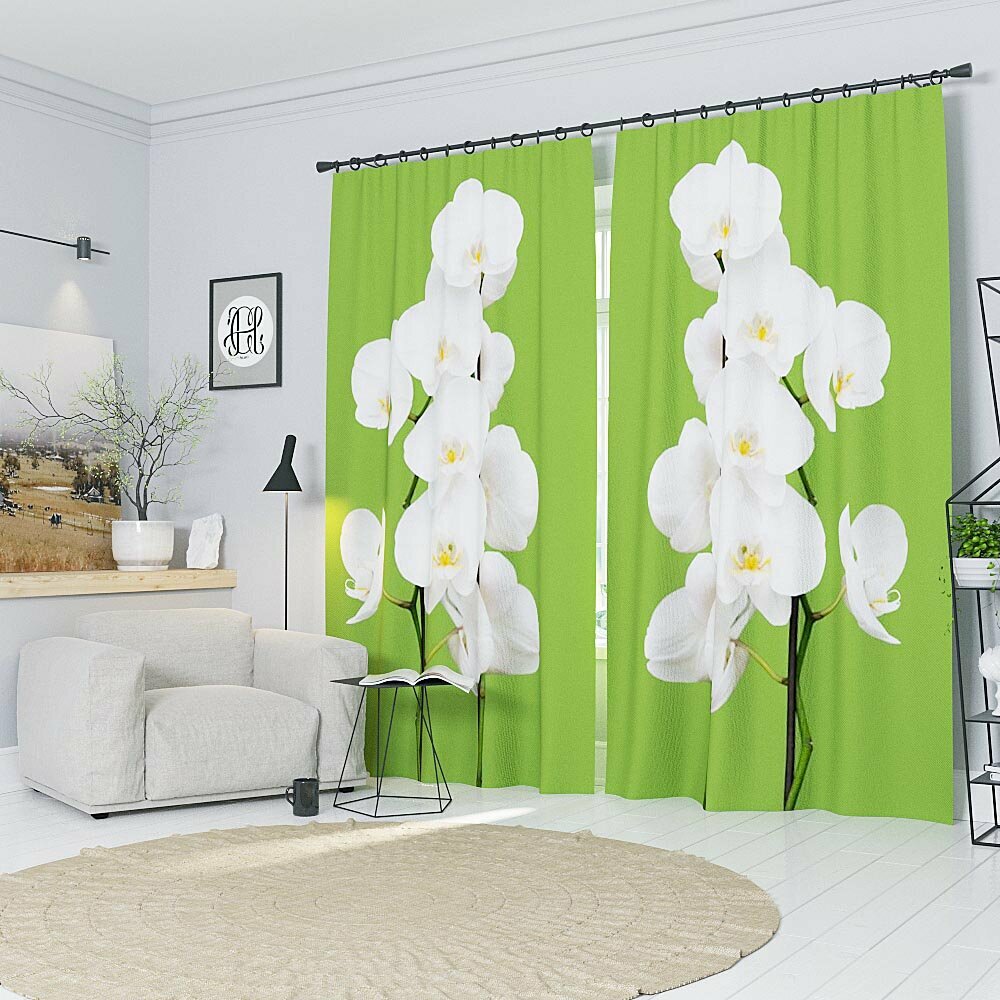 Фотошторы Орхидея на зеленом Ш150xВ235 см. 2шт. Габардин на тесьме