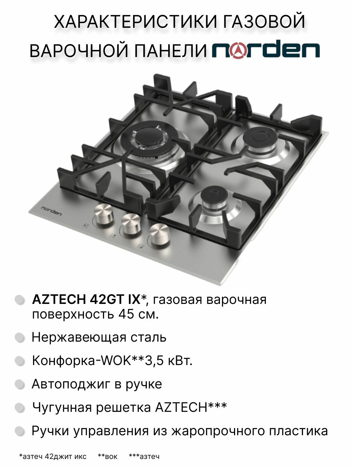 Варочная панель газовая NORDEN AZTECH 42GT IX с автоподжигом 45 см., конфорка - WOK cеребристая - фотография № 2