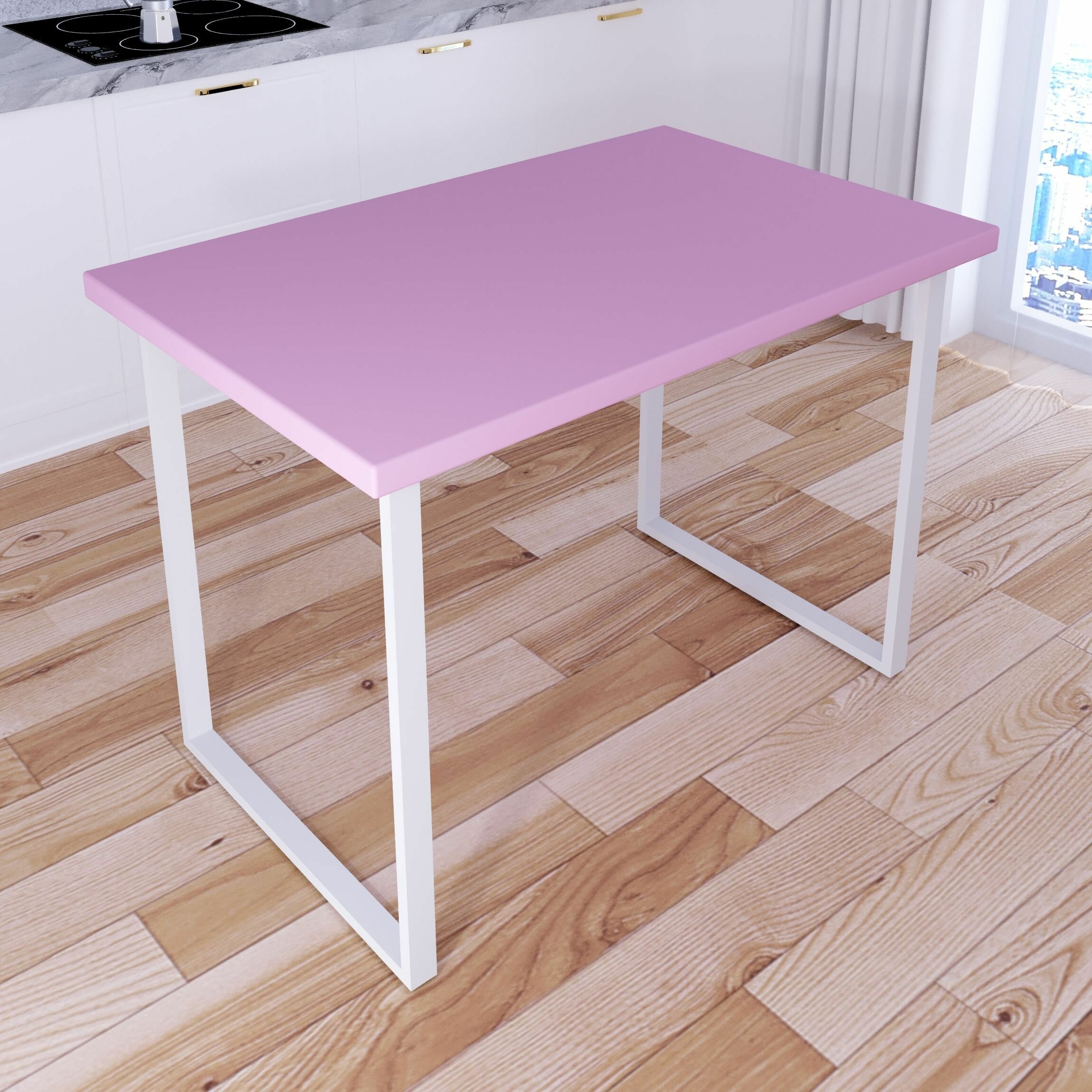 Стол кухонный Loft со столешницей розового цвета из массива сосны 40 мм и белыми металлическими ножками, 120х75х75 см - фотография № 2
