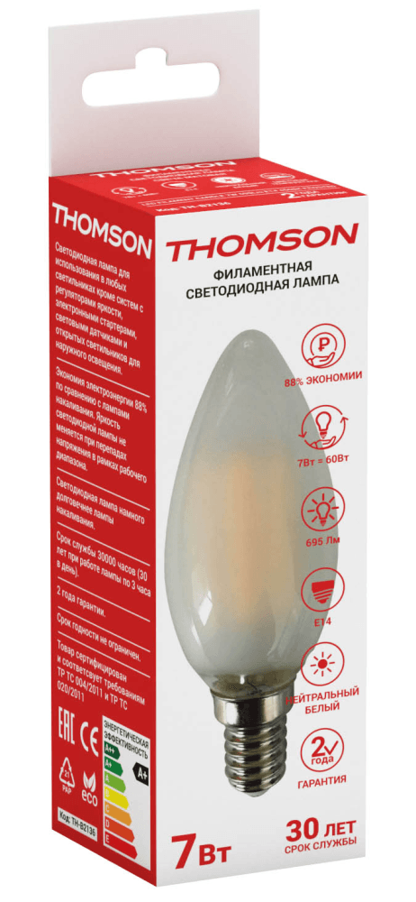 THOMSON LED FILAMENT CANDLE 7W 695Lm E14 4500K FROSTED - фотография № 1