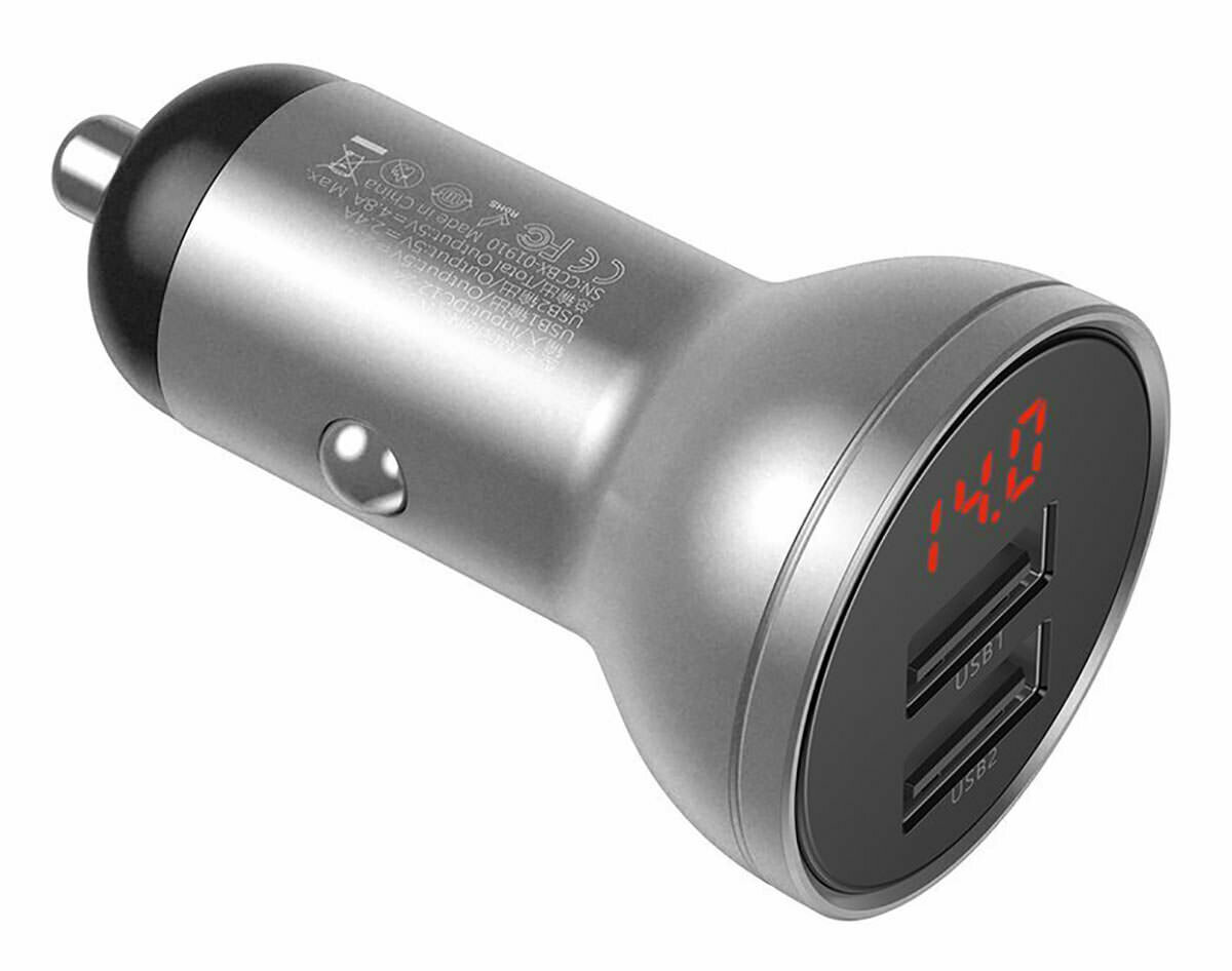 Автомобильная зарядка в прикуриватель с дисплеем Baseus Digital Display Dual USB 4.8A Car Charger 24W silver