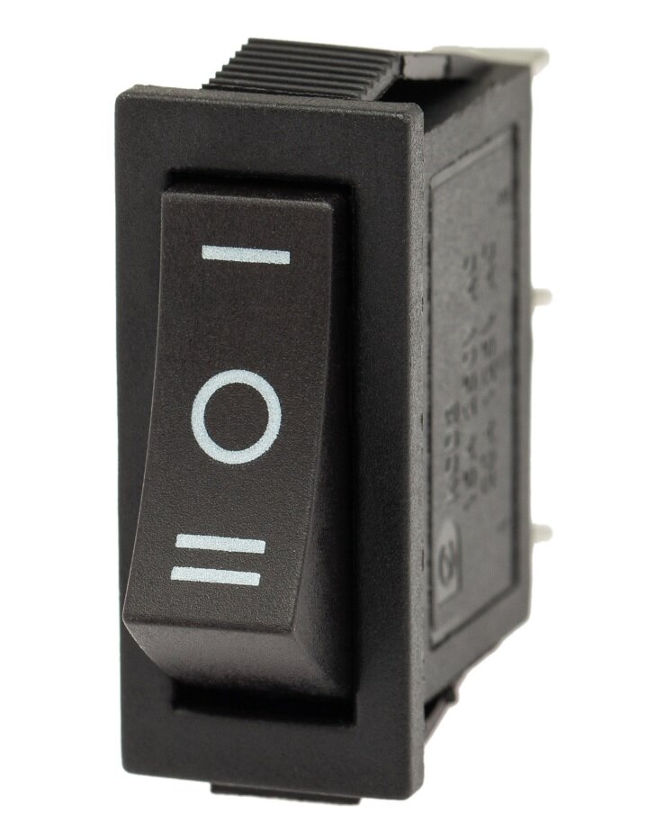 Клавишный переключатель трехпозиционный (ON-OFF-ON) C фиксацией, без подсветки, 3 контакта