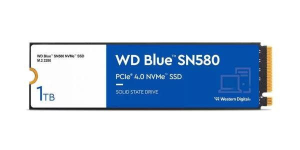 Твердотельный накопитель/ WD SSD Blue SN580 NVMe, 1000GB, M.2(22x80mm), NVMe, PCIe 3.0 x4, 3D TLC, R/W 3500/3000MB/s, IOPs 460 000/450 000, TBW 600, D