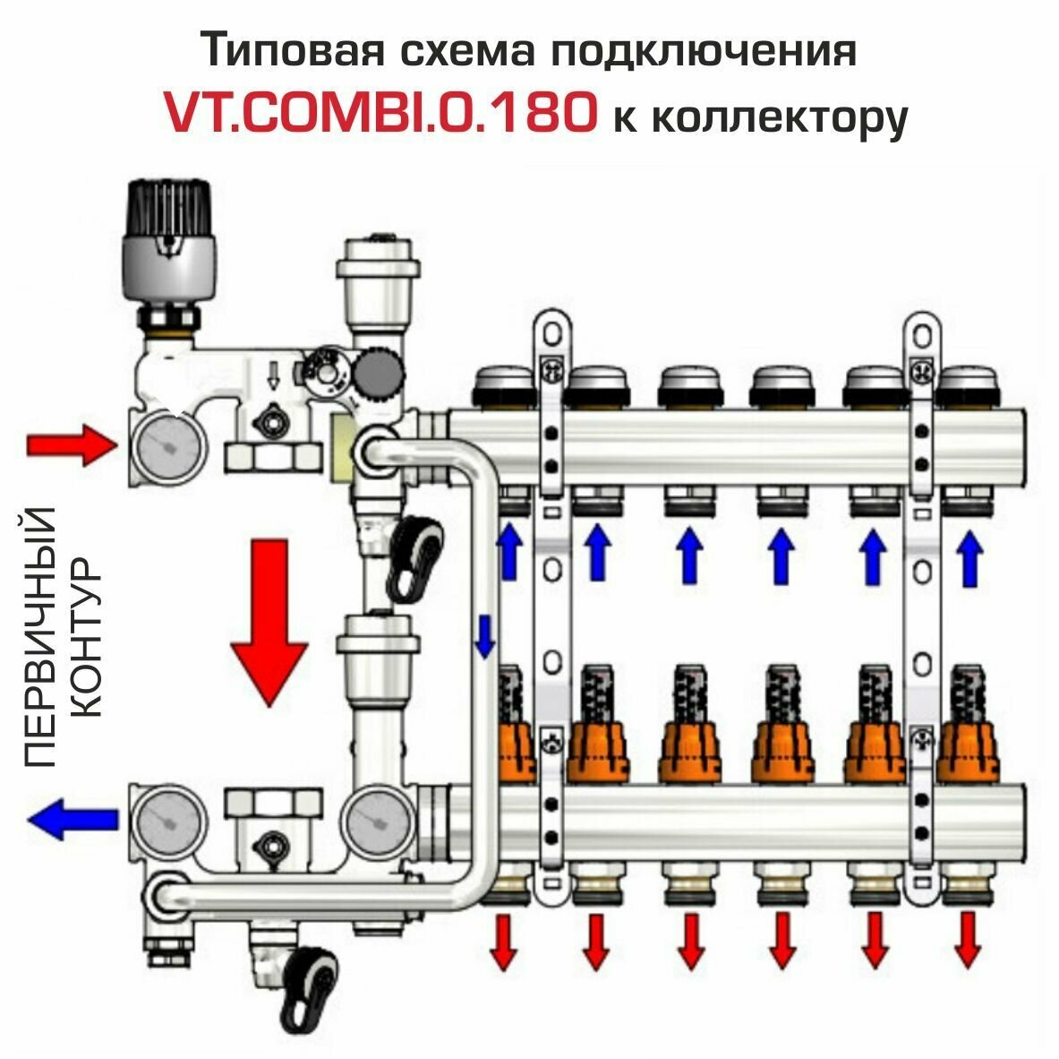 Насосно-смесительный узел VALTEC COMBI с насосом 32-4/180 межосевое расстояние 200 G1" и термоголовкой VTCOMBI0180 + VRS324180