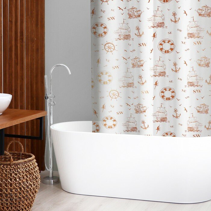 Штора для ванной «Кораблики», 180×180 см, цвет коричневый - фотография № 1