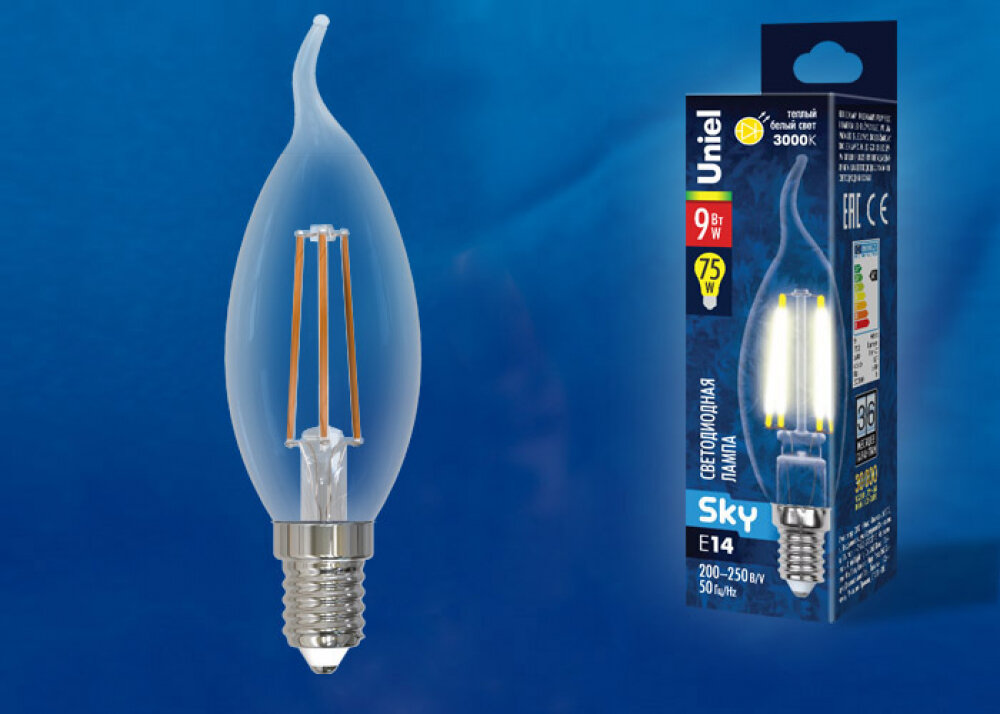 Uniel Лампа светодиодная свеча на ветру теплый свет (UL-00005168) Е14 9W 3000K прозрачная LED-CW35-9W/WW/E14/CL (10шт упаковка)