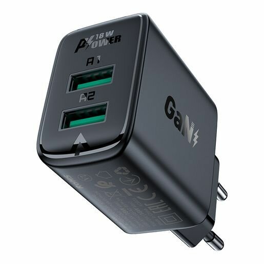 Зарядное устройство двухпортовое ACEFAST A33 QC18W USB-A+USB-A dual port charger (EU). Цвет: черный.