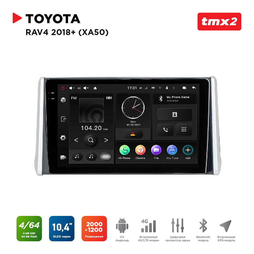 Автомагнитола Toyota RAV4 18+ (XA50) (MAXIMUM Incar TMX2-2204-4) Android 10/2000*1200, BT, wi-fi, 4G LTE, DSP, 4-64Gb, 10.4"