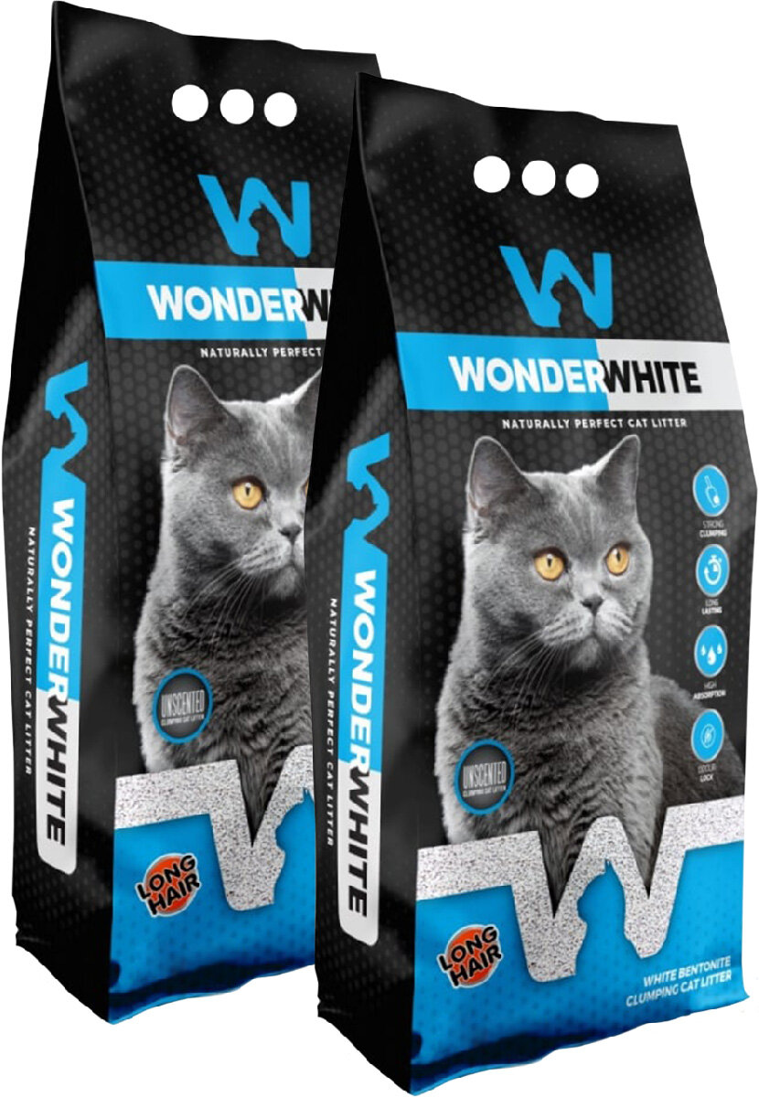 фото WONDER WHITE CARBON EFFECT LONG HAIR наполнитель комкующийся для туалета длинношерстных кошек с активированным углем (5 + 5 кг)