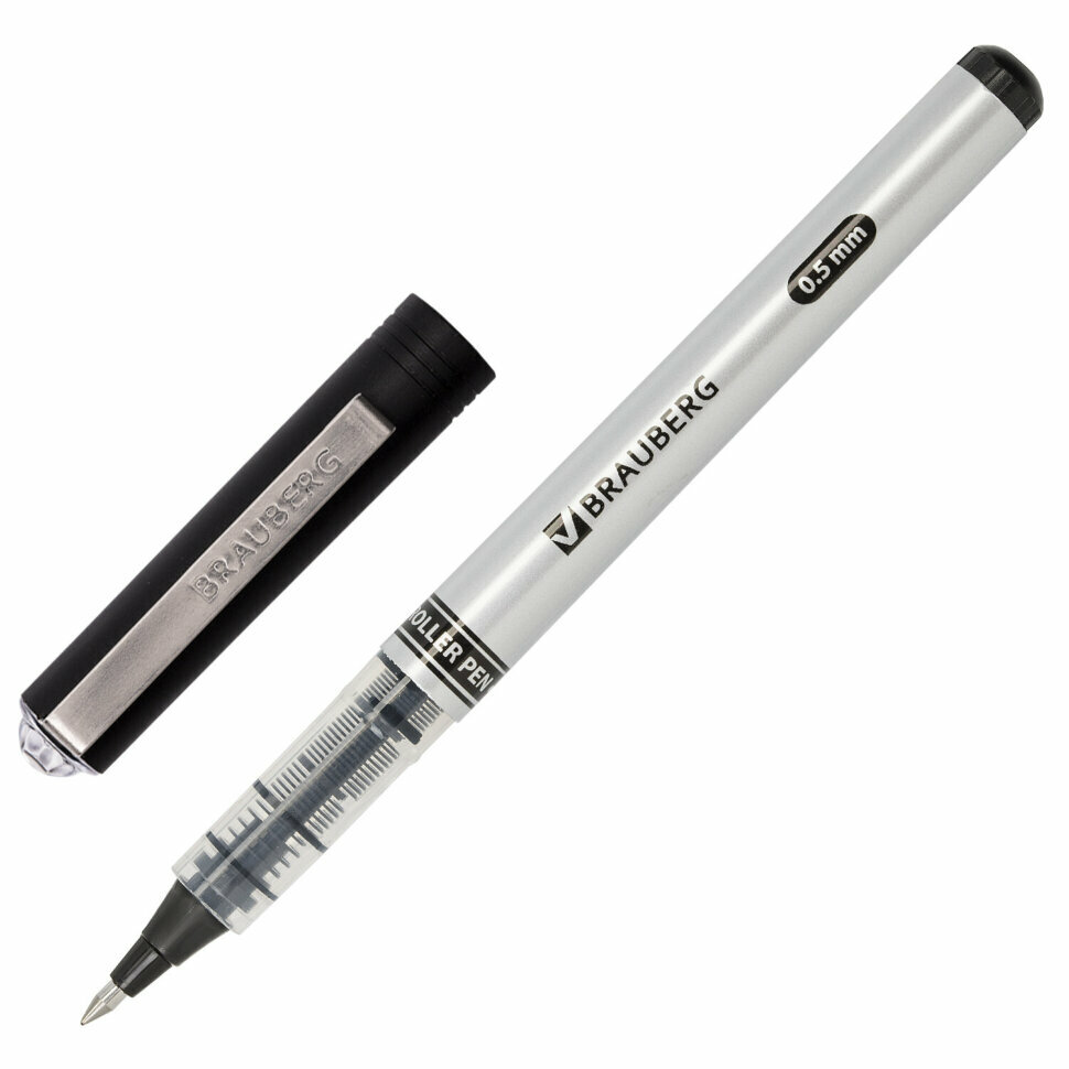 Ручка-роллер BRAUBERG "Flagman", черная, корпус серебристый, хромированные детали, узел 0,5 мм, линия письма 0,3 мм, 141555, 141555