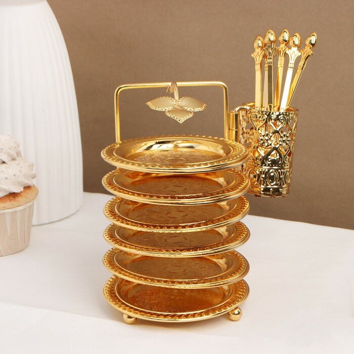 фото Набор блюдец «Золото», с подставкой, с ложками, 6 шт, цвет золотой