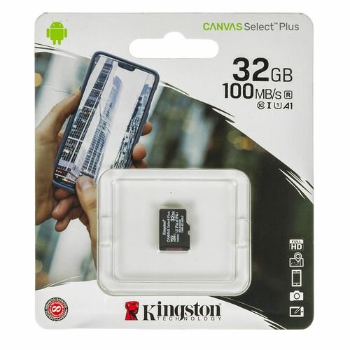 Карта памяти microSDHC UHS-I U1 Kingston Canvas Select Plus 32 ГБ, 100 МБ/с, Class 10, SDCS2/32GBSP, 1 шт., без адаптера