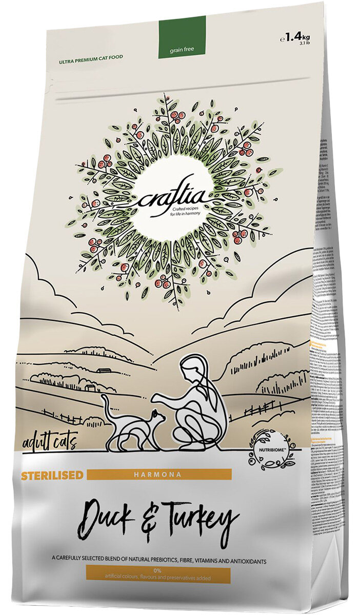 фото CRAFTIA HARMONA GRAIN FREE STERILISED ADULT CAT DUCK & TURKEY беззерновой для взрослых кастрированных котов и стерилизованных кошек с уткой и индейкой (1,4 кг)