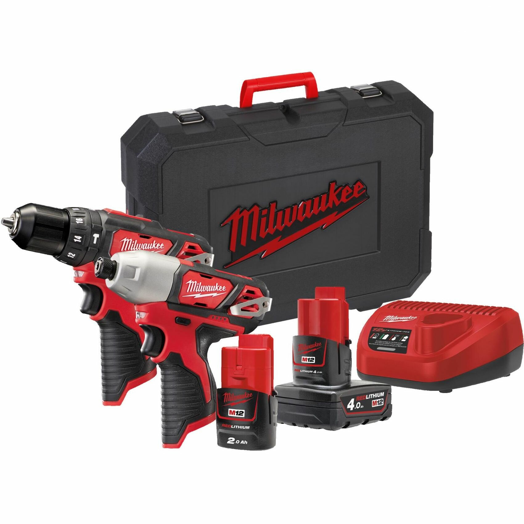 Набор: аккумуляторные дрель-шуруповер и гайковерт Milwaukee M12 BPP2B-421C 4933443497, с 2 АКБ 4 и 2 Ач и ЗУ, в кейсе - фотография № 1