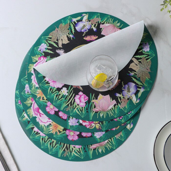 Набор салфеток сервировочных Доляна «Роуз», d=38 см, 4 шт, цвет зелёный - фотография № 4