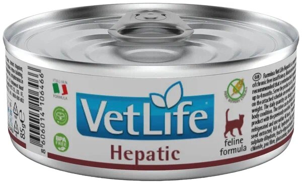 Влажный корм Farmina Vet Life Hepatic для кошек, при хронической печеночной недостаточности, лечебный рацион с курицей индейкой, 85г