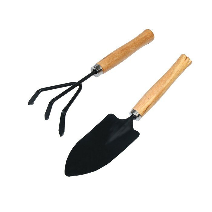 Набор садового инструмента, 2 предмета: рыхлитель, совок, длина 26 см, деревянные ручки - фотография № 1
