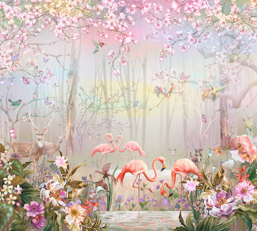 Моющиеся виниловые фотообои GrandPiK Фламинго в прекрасном саду 300х270 см