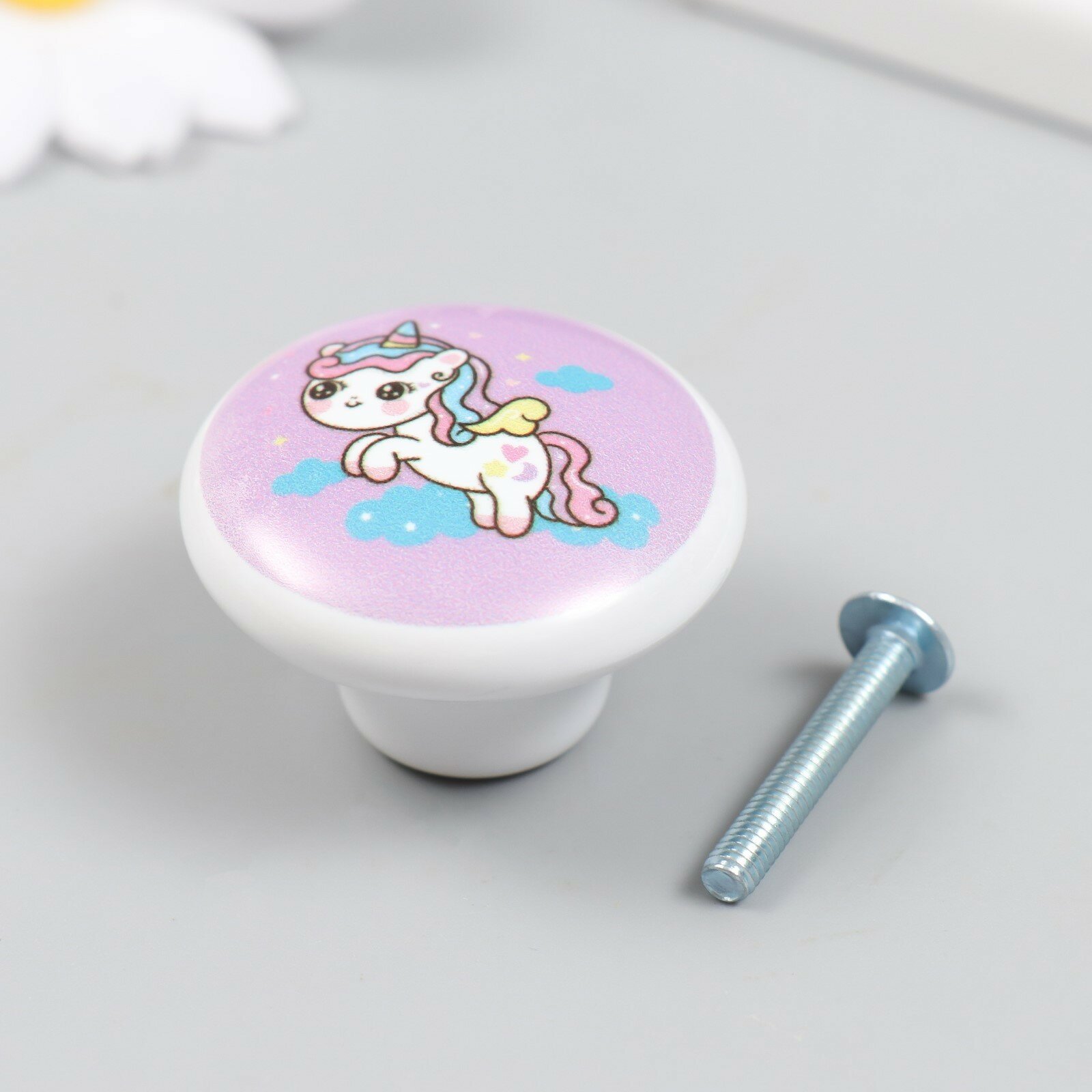 фото Ручка для шкатулки керамика, металл "Единорожка в облаках" 3,8х3,8 см