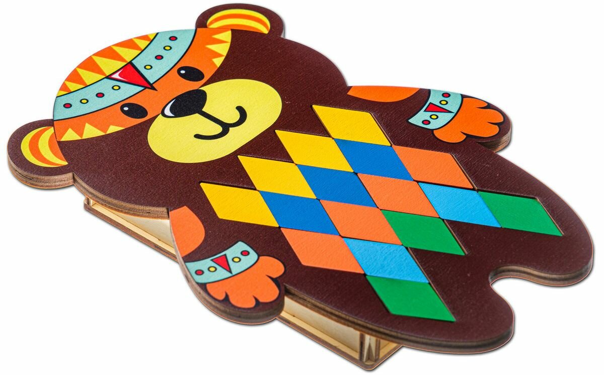 Деревянная мозаика Smile Decor "Супер мишка", развивающая игра с карточками-образцами и деревянными вкладышами
