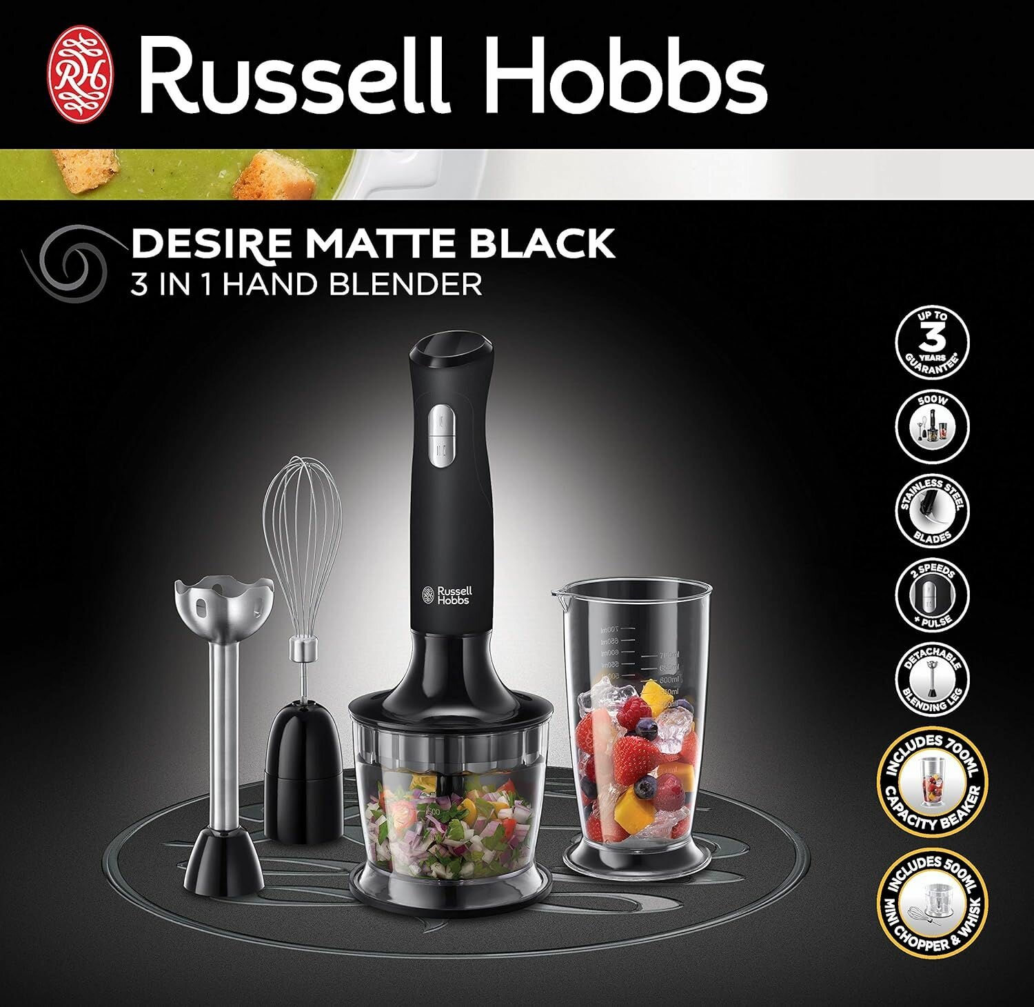 Ручной блендер Russell Hobbs 24702 с венчиком и насадками для измельчения Desire 3-в-1, черный - фотография № 7