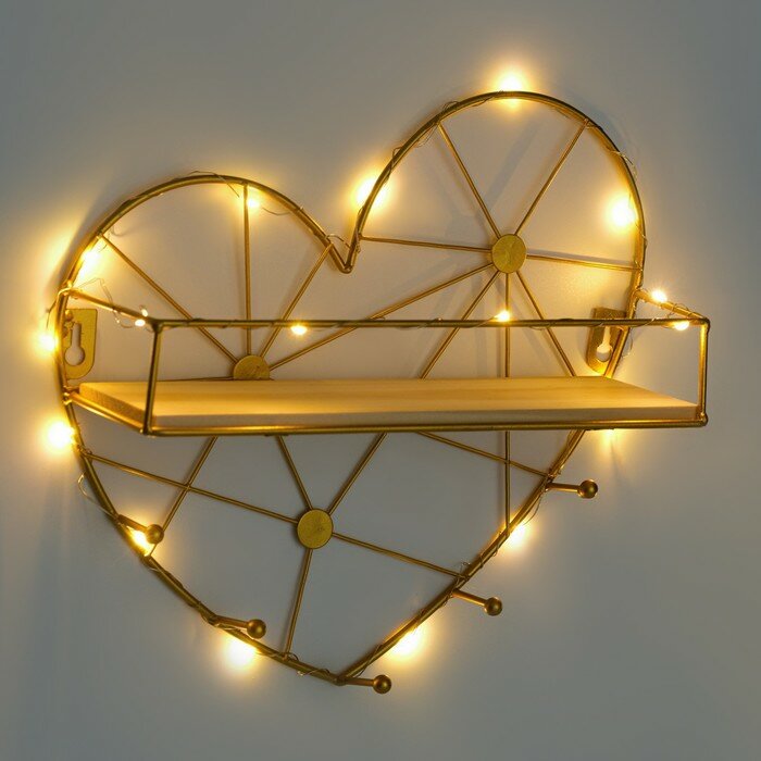 Вешалка настенная с полкой "Сердце", с подсветкой, 5 крючков, золото - фотография № 2
