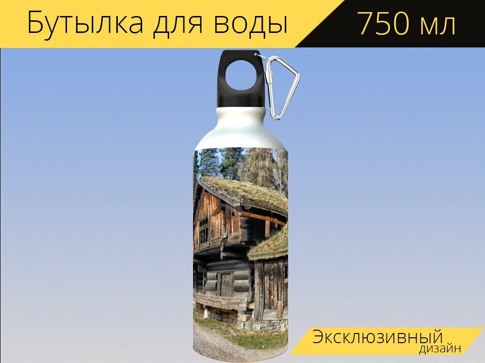 Бутылка фляга для воды "Осло, норвегия, пейзаж" 750 мл. с карабином и принтом