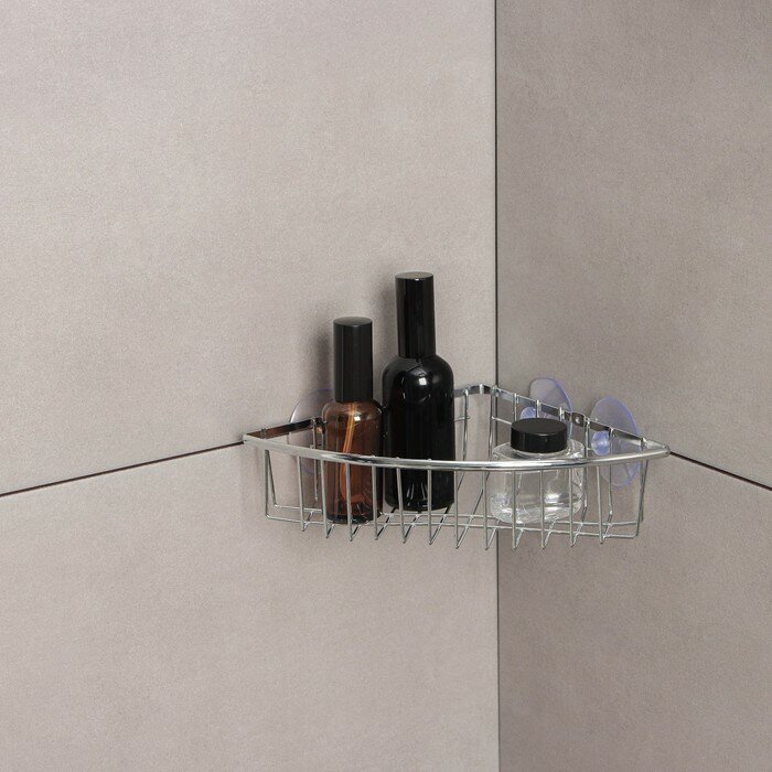 фото Полка угловая Доляна, 19×19×5,5 см, на вакуумных присосках, цвет хромированный