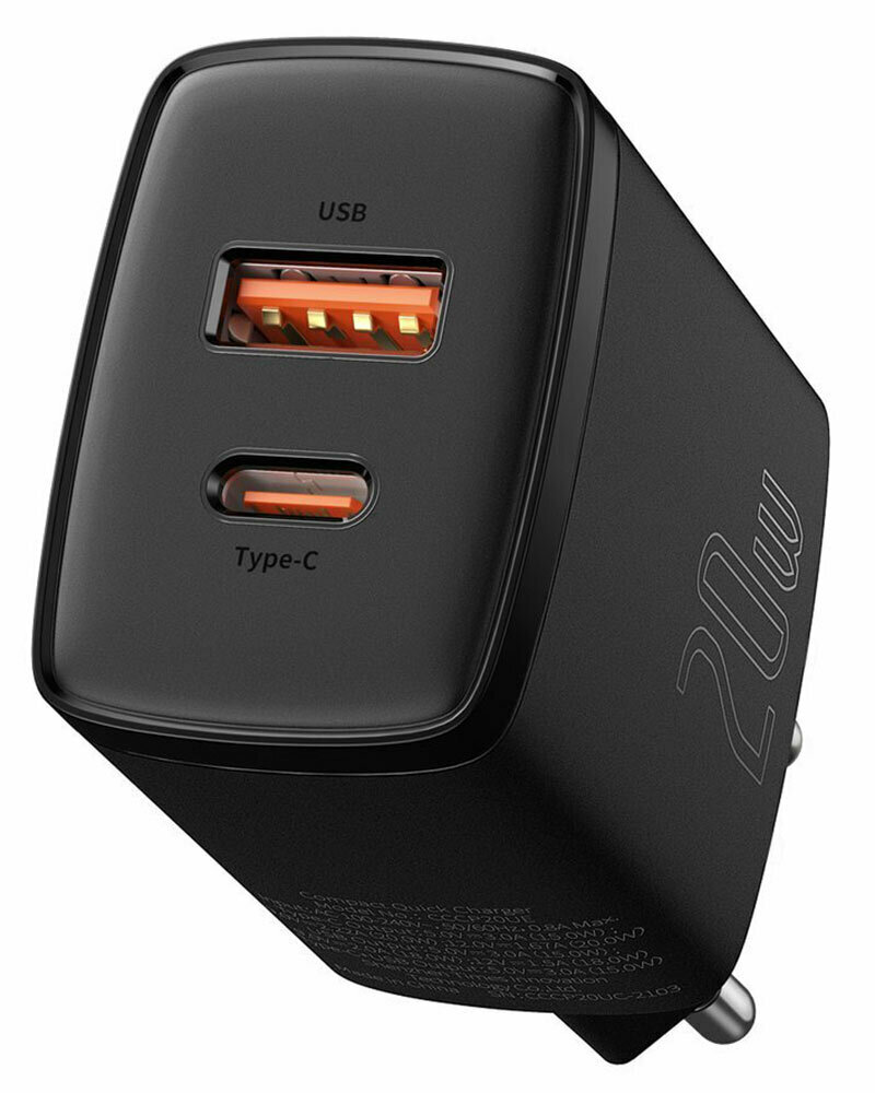 Быстрая сетевая зарядка Power Delivery Baseus Compact Quick Charger U+C 20W black