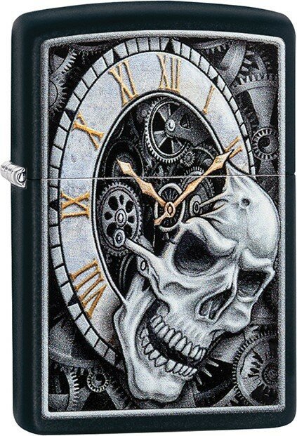 Зажигалка ZIPPO Skull Clock с покрытием Black Matte, латунь/сталь, чёрная, матовая, 38x13x57 мм - фотография № 1