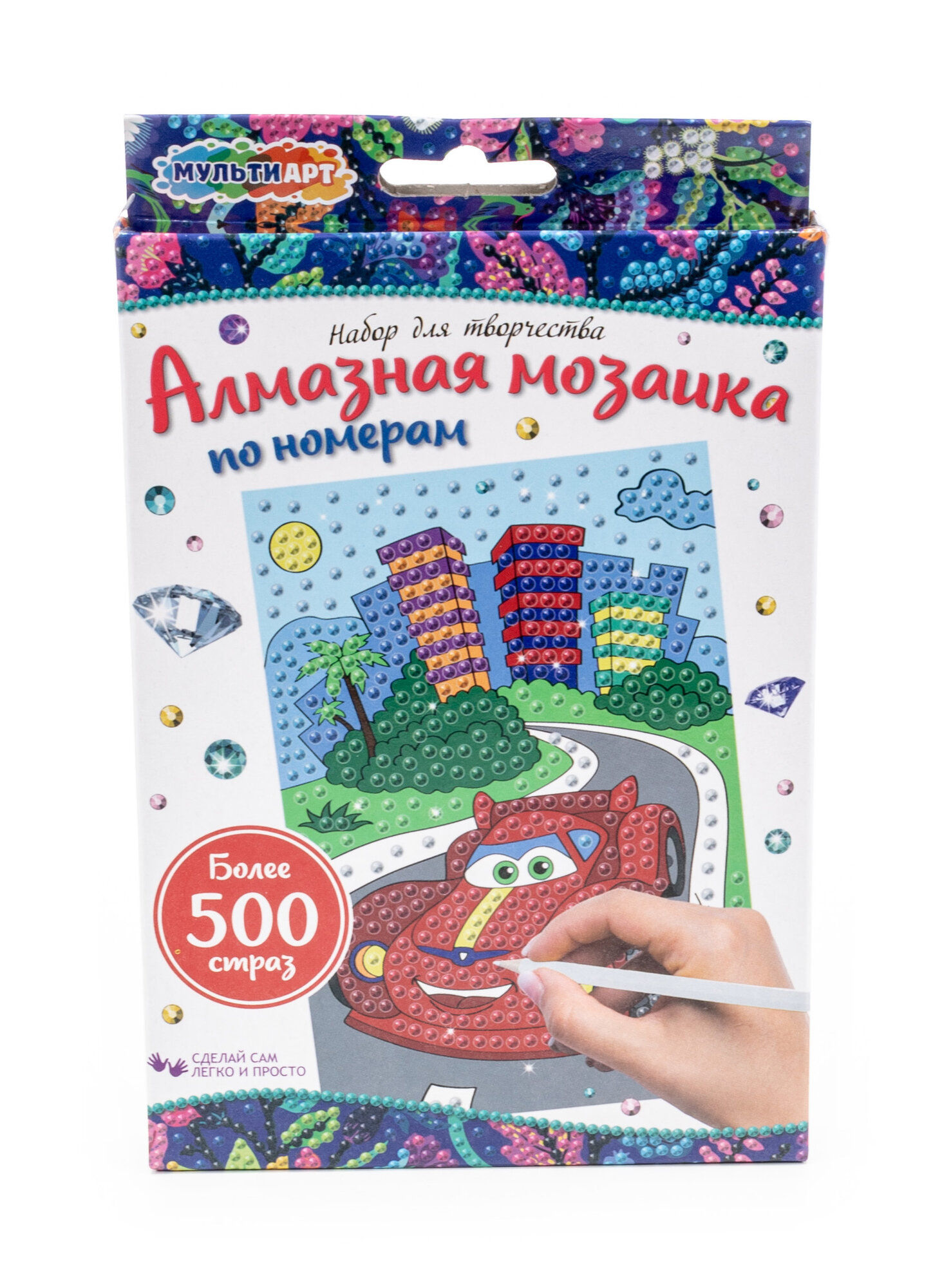 фото Алмазная мозаика Мульти Арт Красная машинка с подставкой, для детей от 3-х лет, 10×15см / набор для творчества