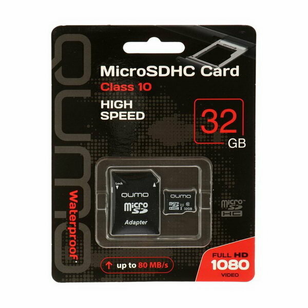 Qumo Карта памяти 32ГБ Qumo QM32MICSDHC10 microSD UHS-I Class10 + адаптер