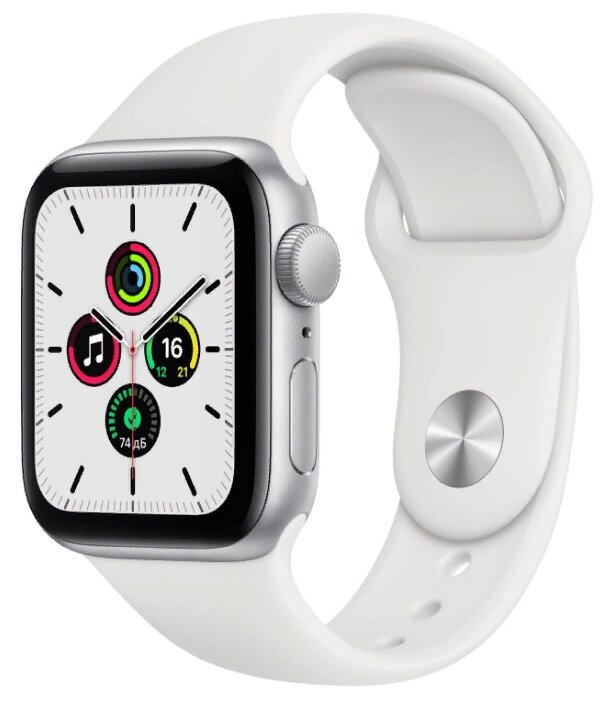 Умные часы Apple Watch SE, 44 мм, корпус из алюминия серебристого цвета, спортивный ремешок белого цвета