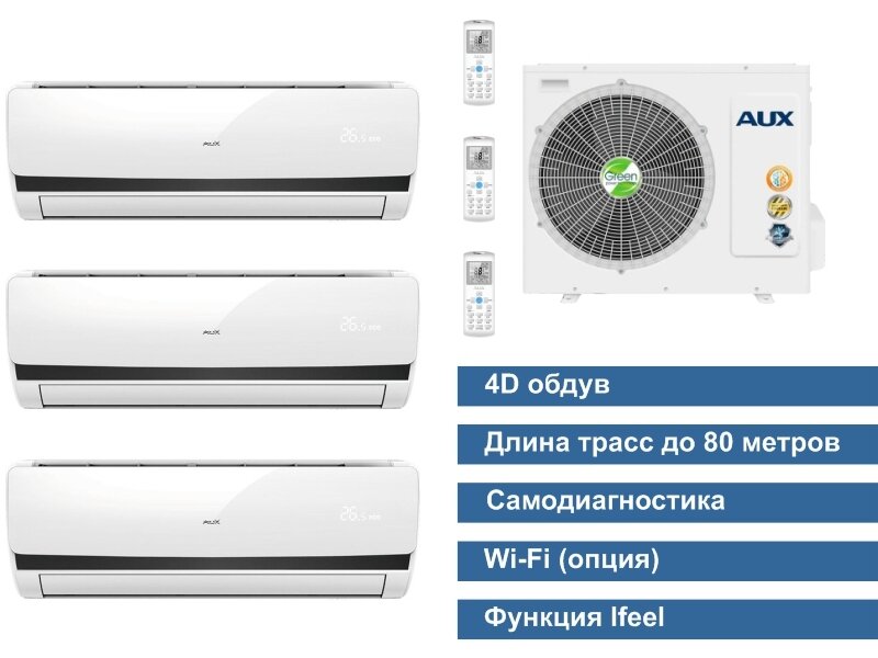 Мульти сплит-система на 3 комнаты AUX AM3-H27/4DR1B + AMWM-H07/4R1+AMWM-H09/4R1+AMWM-H12/4R1 (80м2) - фотография № 1