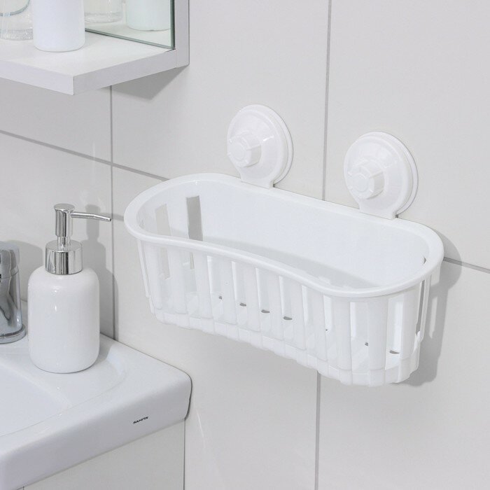Держатель для ванных принадлежностей на вакуммных присосках, 30×12×17 см, цвет белый - фотография № 2