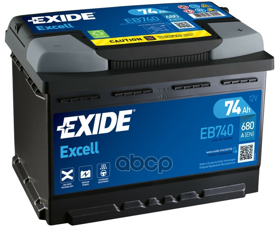 Exide Eb740 Excell_аккумуляторная Батарея 19.5/17.9 Евро 74ah 680a 278/175/190 EXIDE арт. EB740