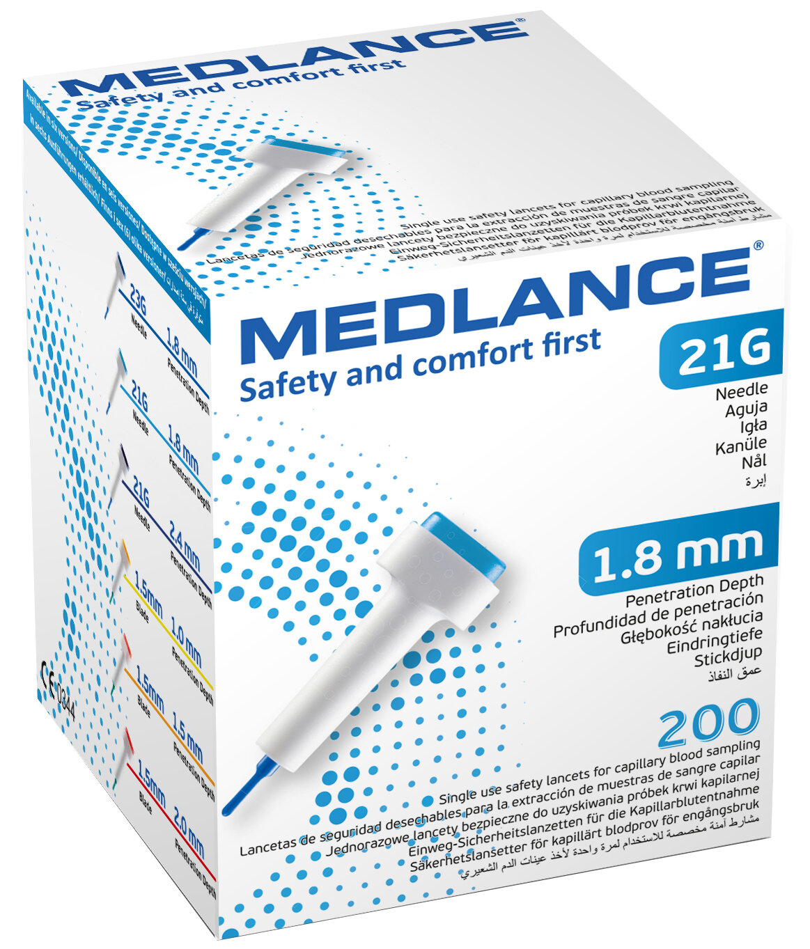 Ланцет для капиллярного забора крови 21G x 1,8 мм MEDLANCE С кнопкой, 200шт