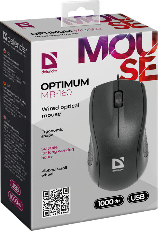 Проводная мышь Defender Optimum MB-160, USB, 3 кнопки, 1,5м, 1000dpi, черный