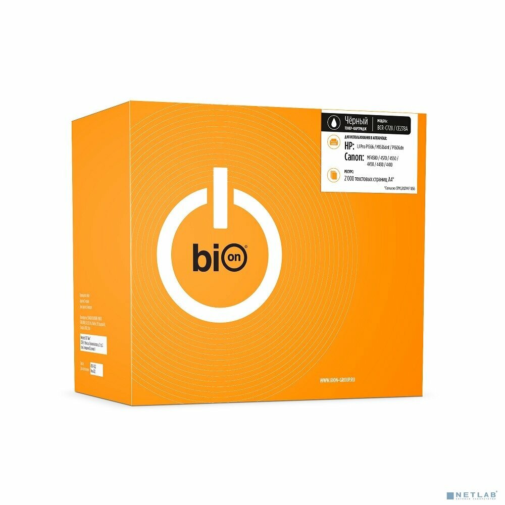 Bion Cartridge Расходные материалы Bion BCR-C728/CE278A Картридж для HP LaserJet Pro P1566/P1606dn/M1536dnf; Canon i-SENSYS MF4430/MF4450/MF4570/MF4580/MF4410/FAX-L150/FAX-L170/MF4550 (2000 стр.), Черный, с чипом