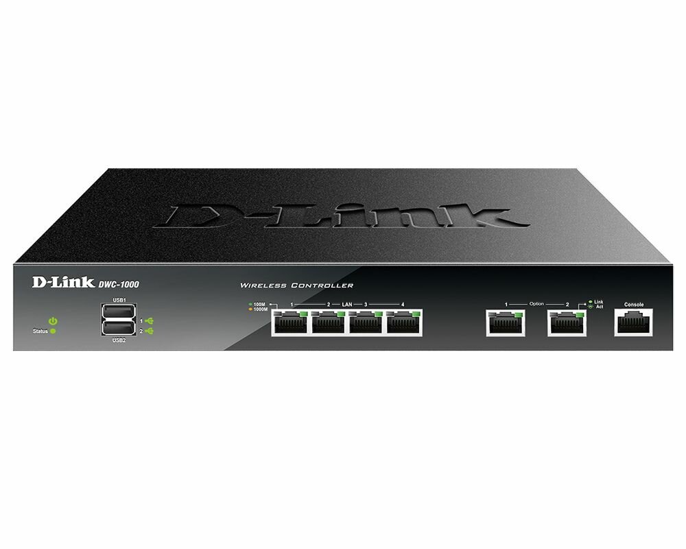 Оборудование D-Link DWC-1000/C WLAN Controller 4x1000Base-T 2x1000Base-T Option 2xUSB ports RJ45 Consol 12/66 Unified APs management ability