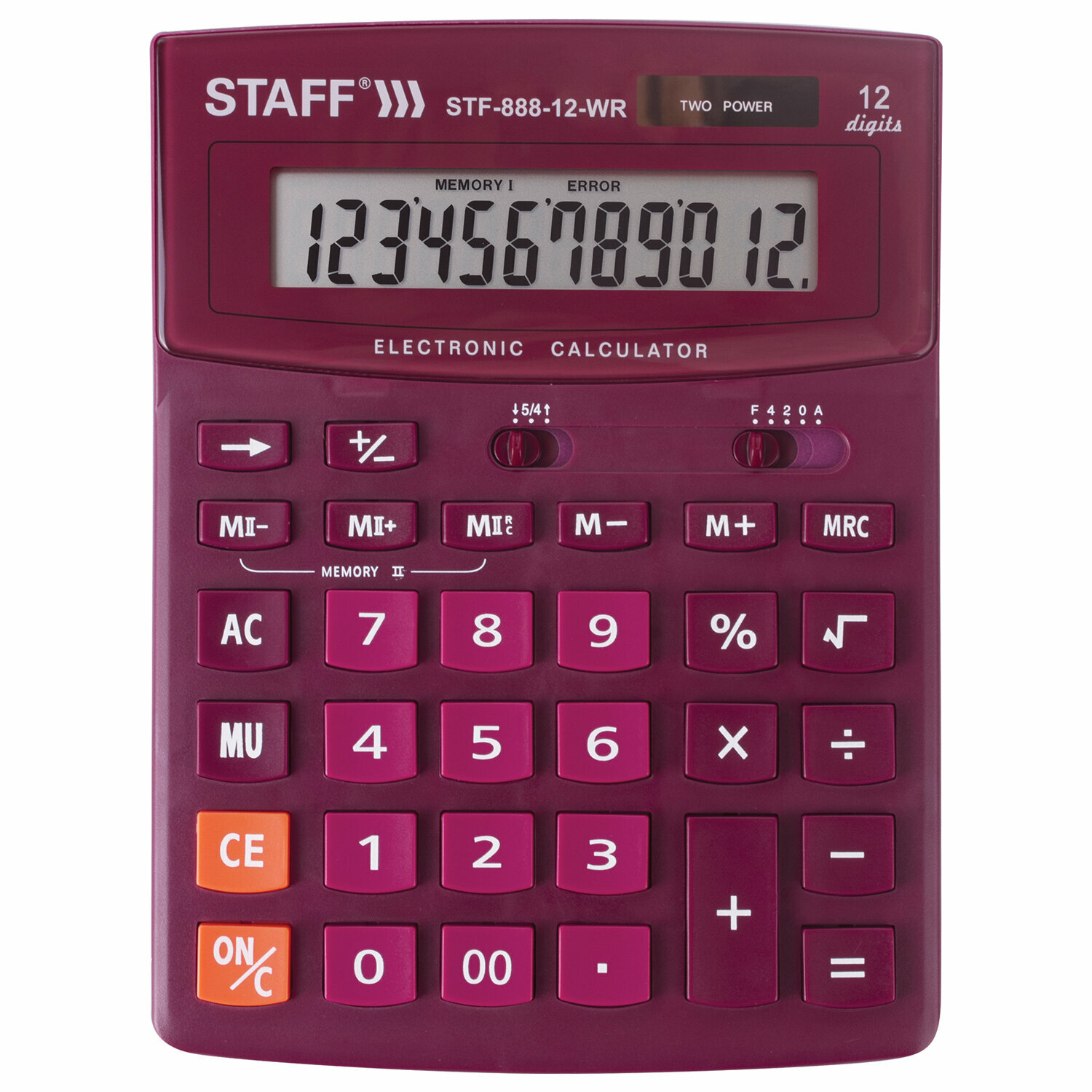 Калькулятор настольный STAFF STF-888-12-WR (200х150 мм) 12 разрядов двойное питание бордовый 250454