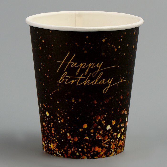 Набор бумажной посуды Happy Birthday!: 6 тарелок, 6 стаканов, скатерть, золотой - фотография № 4