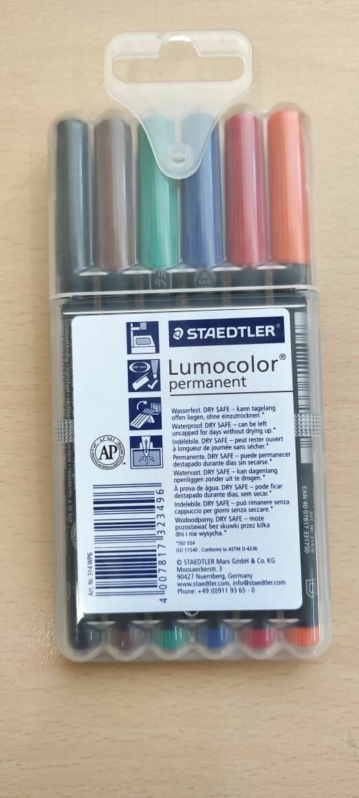 Набор маркеров перманентных универсальных Staedtler Lumocolor, B, 6 цветов, пластиковый пенал 6 цветов - фотография № 3