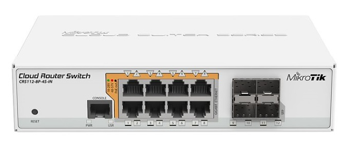 MikroTik Cloud Router Switch 112-8P-4S-IN with QCA8511 400Mhz CPU, 128MB RAM, 8xGigabit LAN with PoE-out, 4xSFP, RouterOS L5, desktop case, PSU