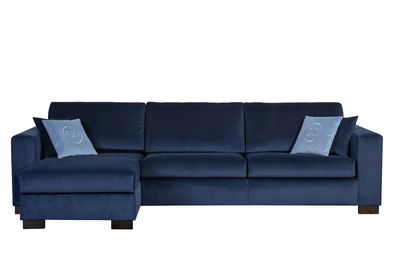 Диван Garda Decor Ralph трехместный с канапе левый раскладной синий (с подушками)