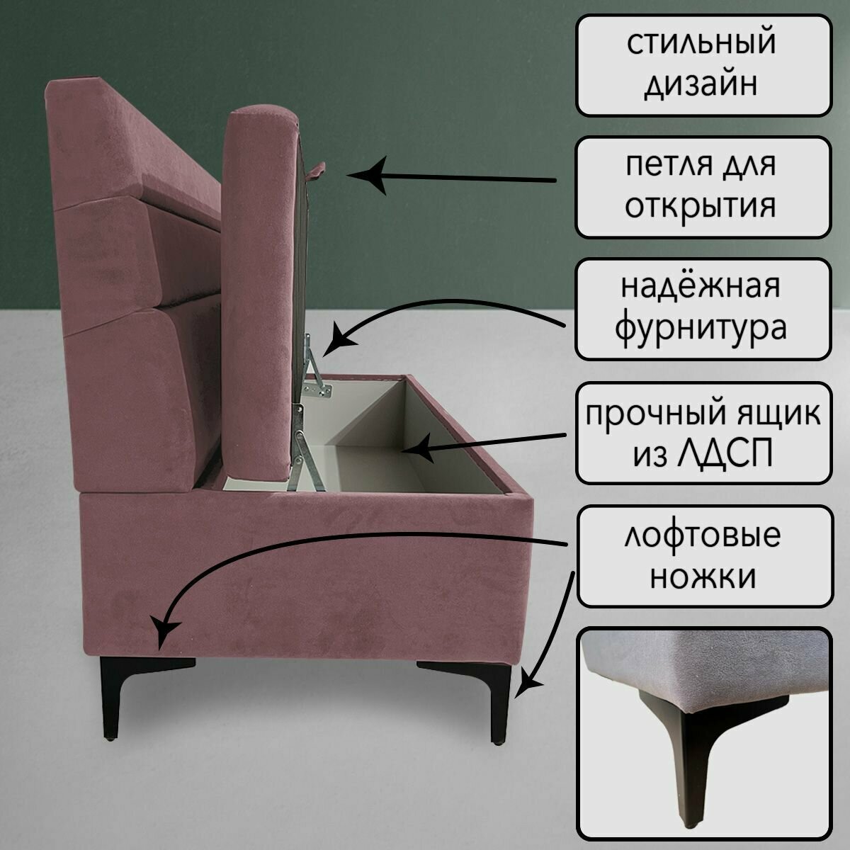 Прямой Диван "Горизонт" с ящиком для хранения/Велюр/Розовый 100x59x85 (см) - фотография № 2