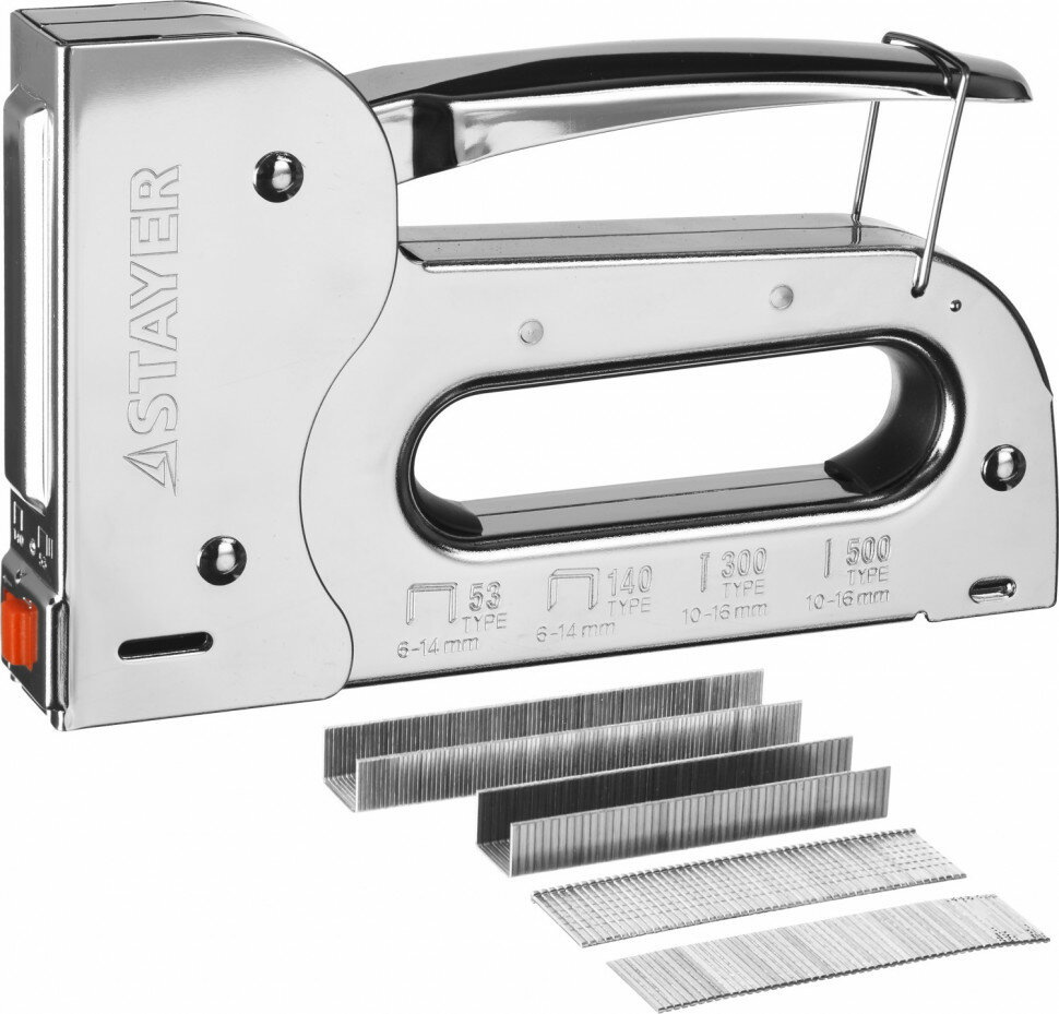 STAYER Степлер для скоб 6-в-1: тип 53 (6-14 мм) / 140 (6-14 мм) / 13 (6-14 мм) / 53F (6-14 мм) / 300 (16 мм) / 500 (16 мм) STAYER ( 31515_z01 )