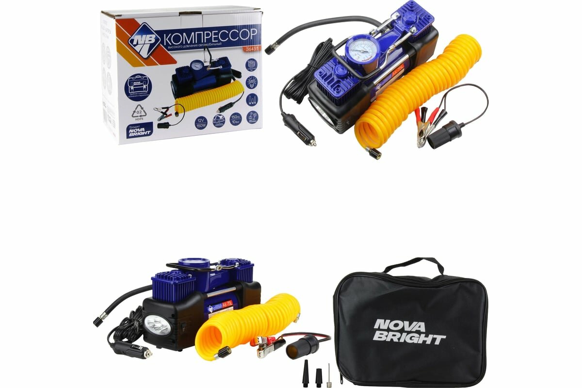 фото Компрессор Nova Bright АК-75L двухпоршневой, до 50 л/мин, 150 PSI, 12В, металлический корпус, в сумке, LED-фонарь 36451